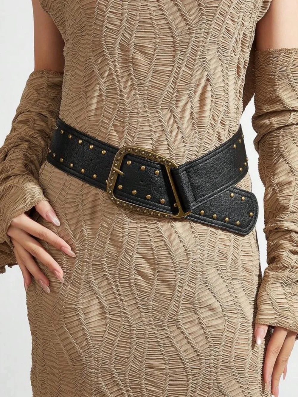 Black Studded Wide Leather Belt with Antique Gold Buckle